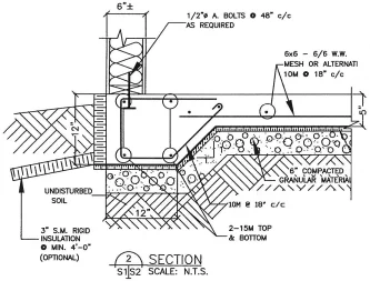 Garage pads in Edmonton construction detail showing frost protection, gravel base, and concrete slab section